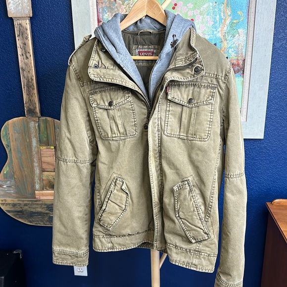 Levis Jacket Mens M Olive Green Quilted Lined Trucker Chore Military - Picture 10 of 16